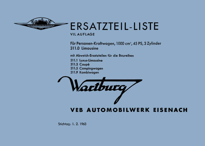 Wartburg Typ 311-0 311-1 311-3 311-5 311-9 Ersatzteilkatalog, Buchcover