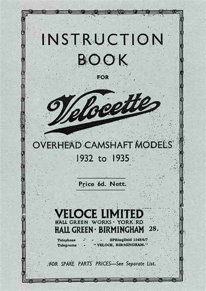 Velocette Models 1932-1935 Instruction Book, Buchcover