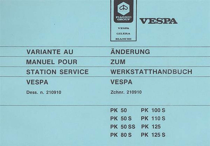 Piaggio Vespa PK Modelle, Änderung zum Werkstatthandbuch, Buchcover