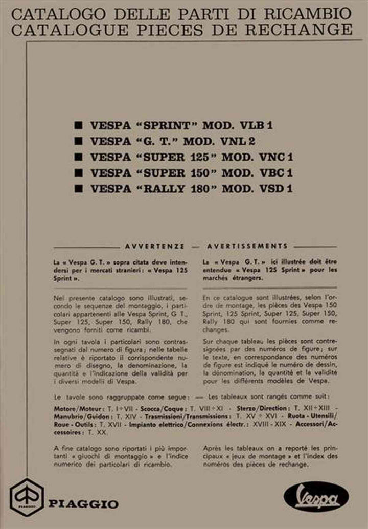 Vespa Sprint VLB1, G.T. VNL 2, Super 125 VNC 1, Super 150 VBC 1, Rally 180 VSD 1, Ersatzteilkatalog, Buchcover
