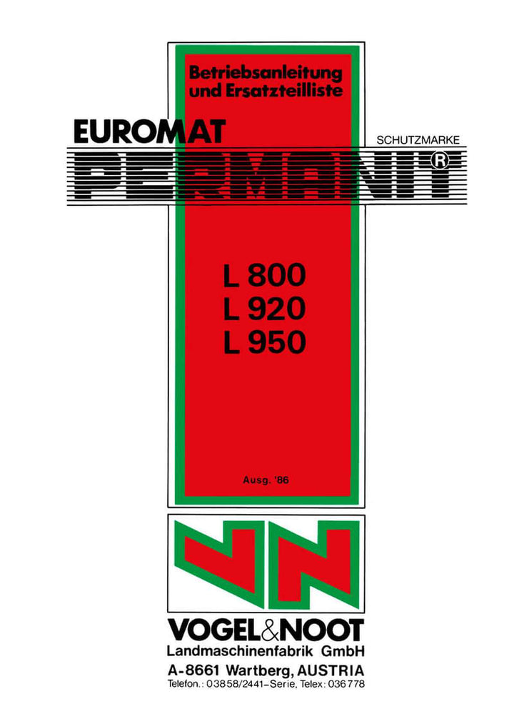 Vogel & Noot L 800, L 920, L 950 Euromat, Permanit, Volldrehpflug, Betriebsanleitung und Ersatzteilkatalog, Buchcover