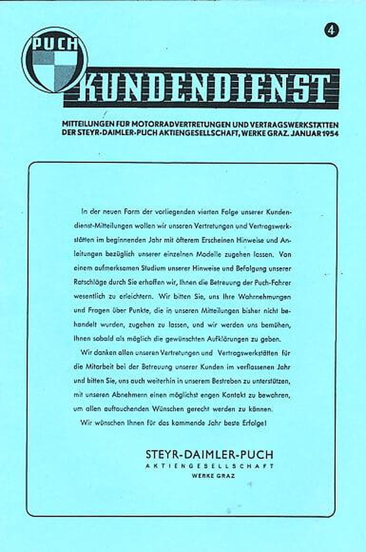 Puch Kundendienstmitteilung Nr. 4 für Vertragswerkstätten, Titelseite