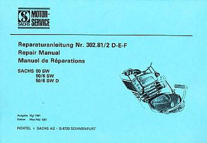 Sachs 50 SW, 5- und 6-Gang-Motor, wassergekühlt, Reparaturanleitung, Titelseite