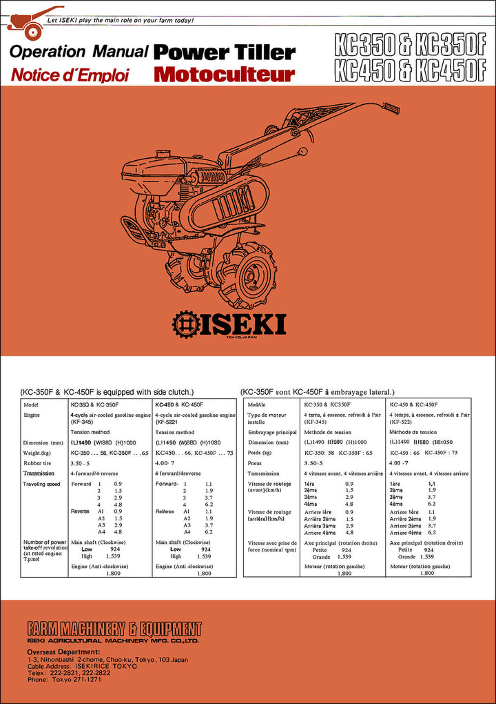 Iseki Tiller KC350 KC350F KC450 KC450F Operators Manual