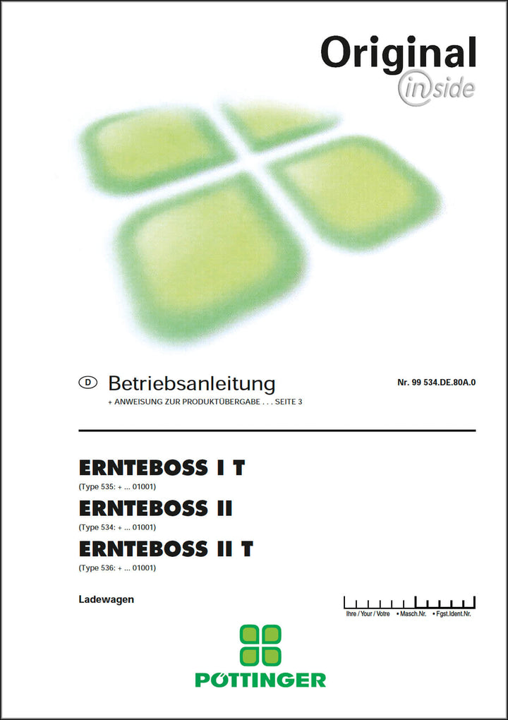Pöttinger ERNTEBOSS I und II Modelle Betriebsanleitung