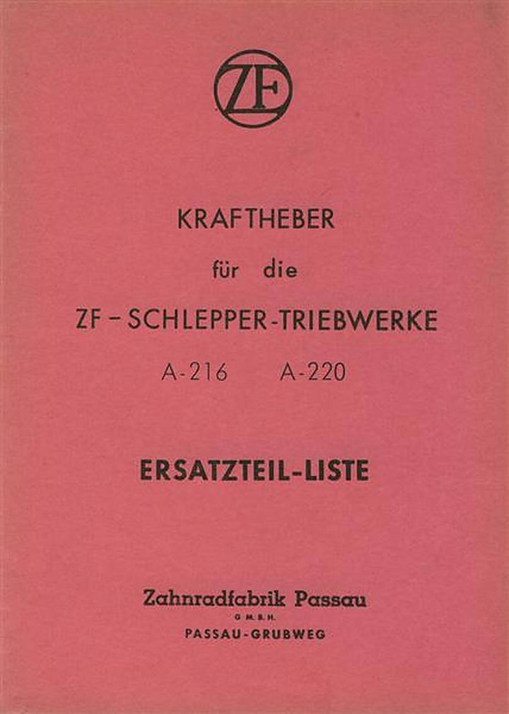 ZF A-216 und A-220 Kraftheber für Schlepper-Triebwerke Ersatzteilkatalog, Buchcover