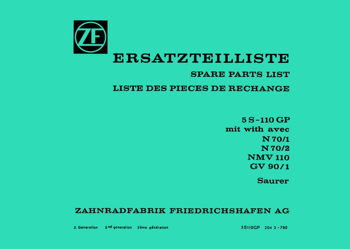 ZF Synchroma 5S-110 GP mit N 70/1, N 70/2, NMV 110, GV 90/1, Ersatzteilliste, Buchcover