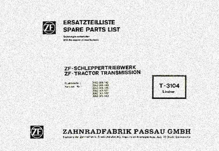 ZF T-3104 Lindner Schleppergetriebe für Traktor Ersatzteilkatalog, Buchcover