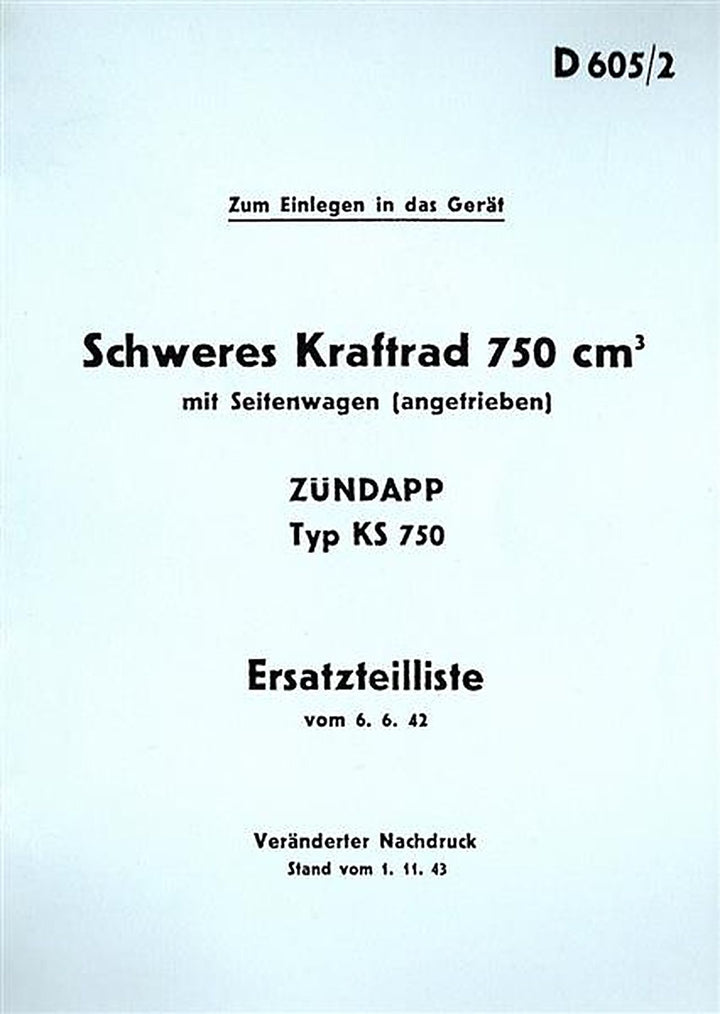 Zündapp KS750 WH mit Seitenwagen Ersatzteilkatalog, Buchcover