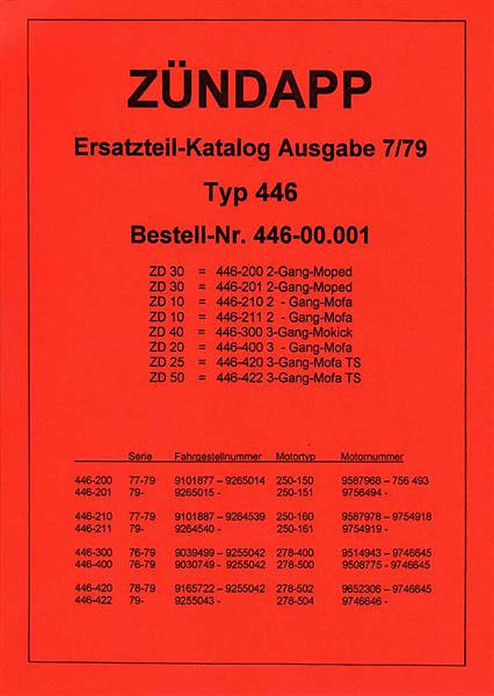 Zündapp Typ 446 ZD 30/ ZD 10/ ZD 40/ ZD 20/ ZD 25 TS/ ZD 50 TS Ersatzteilliste, Buchcover